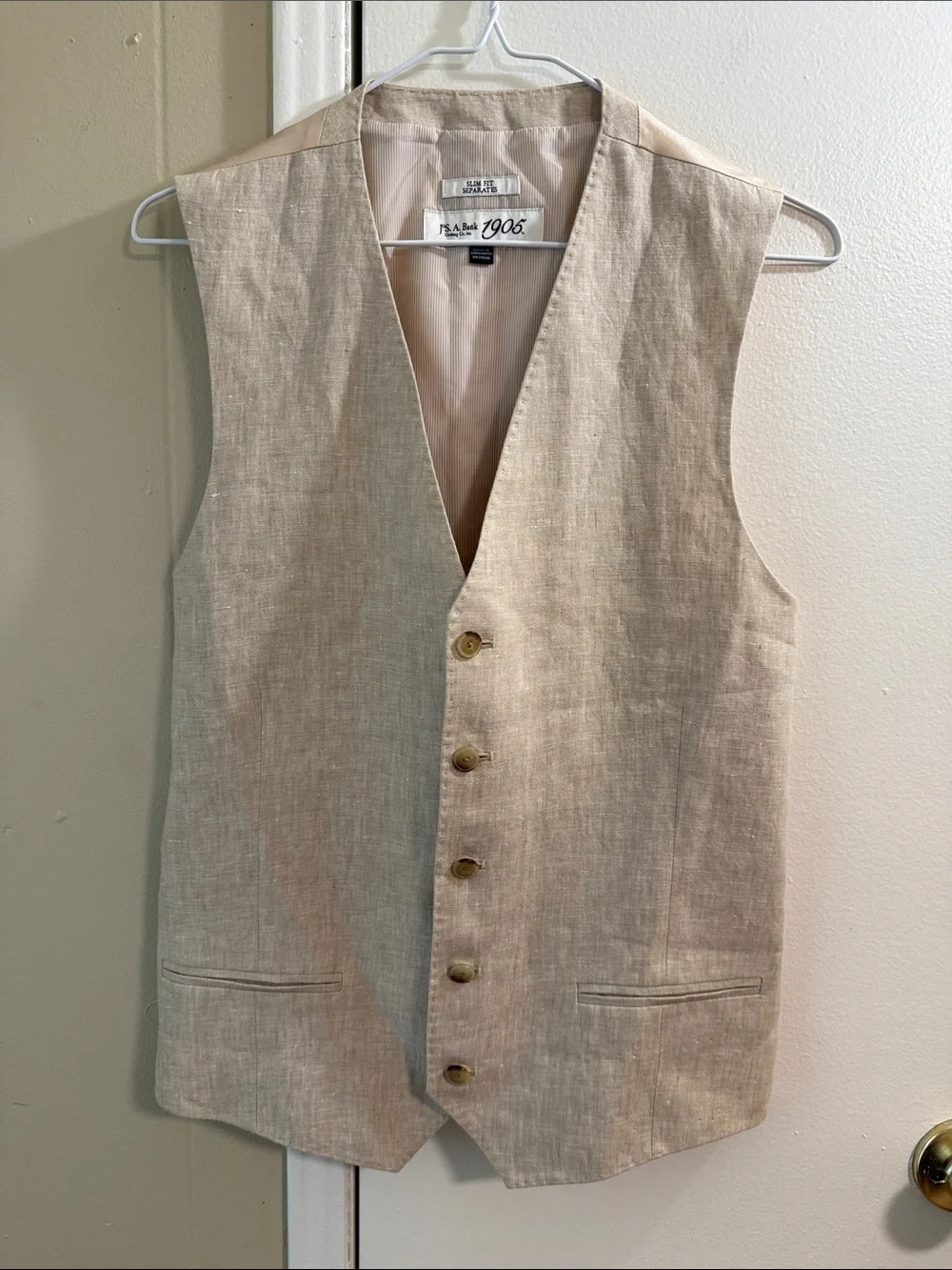 Men’s Linen Suit Vest Slim Fit Jos. A. Bank 1905 Tan Beige Formal Wedding Size S